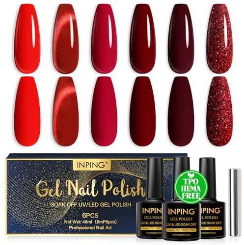 INPING Vernis Semi Permanent Sans HEMA TPO-FREE, 6 Couleurs Cat Eye Pailleté Foncé Rouge Vernis Gel UV avec Bâton Magnétique, Soak Off UV/LED Vernis à Ongles Pour Valentin Noël Débutant Nail, 8ML