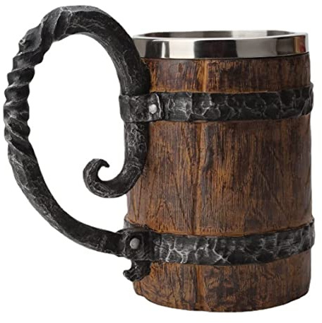 Bemonew Chope en bois 550 ml chope à bière viking en acier inoxydable style tonneau de whisky à bière antique en bois pour homme.