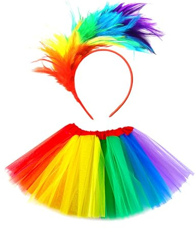 Ensemble jupe tutu pour enfant avec bandeau à plumes arc-en-ciel pour carnaval, festival, danse, fille, jupe courte, multicolore, 4-8 Y