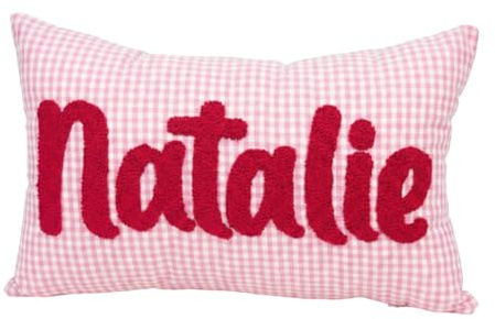 mia'spillow lab Custom Embroidered Name Pillow – Personalized Gingham Cushion Cover – Handcrafted Punch Needle Throw Pillow – Plaid Nursery, Couch, Dorm Decor – Soft Cotton Kids Room Accent