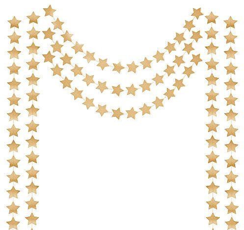 Honbay 2PCS Double Side Glitter Paper Star Garland Christmas Galaxy Banner Christmas Garland - 4 inch in Diameter,13 Feet Long/PCS (Gold)