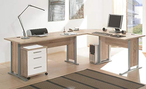 Stella Trading Office LINE Eckschreibtisch in Eiche Sonoma Optik, Weiß - Moderner Bürotisch Computertisch mit großer Arbeitsfläche und Rollcontainer - 220/170 x 72 x 70 cm (B/H/T)