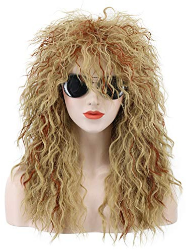 Karlery Lång lockig orange mix blond peruk för kvinnor och män, 70-talet, 80-talet, tung punk, rocker, för karneval, halloween, cosplay, party