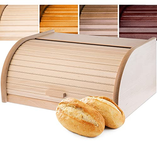 KADAX geräumiger Brotkasten aus hochqualitativem Holz, Brotbehälter mit Rolldeckel für längere frische, Brotbox mit Frontklappe, öko, Rollbrotkasten, Brotaufbewahrung (Natur)