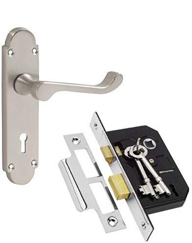 Golden Grace Epsom Lever Lock Door Handles, Satin Chrome, 168x42mm | Complete with a 3 lever lock, 2 keys, spindles, and matching screws for a seamless internal or external installation.