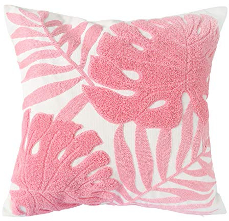 Hodeco Embroidery Throw Pillow Covers 18x18 Inches Floor Pillow Cover for Couch Bed Room Chair 100% Cotton Loop Embroidered Pink Tropical Leaves Cushion Cover Square Pillow Case 45x45cm, 1 Piece