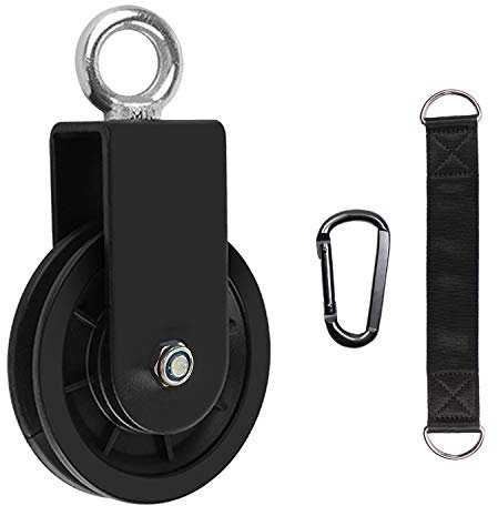 LFJ Umlenkrolle Stahlseil mit Schaukelgurt Karabinerhaken, Flaschenzug DIY Latzug Seil 90mm Seilrolle mit U Haltebügel (1 Stück)