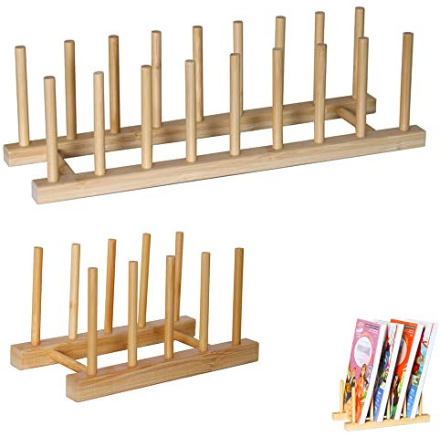 2 Pezzi Scolapiatti in Bambù, Scolapiatti per Stoviglie, Porta Coperchi, 4 Slot e 8 Slot, Facile da Montare, Salvaspazio, per Ciotola, Tazza, Piatti, Coperchi di Pentole, Taglieri, CD, Libro