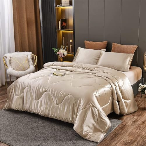 Holawakaka Champaign Gold Satin Seide Like Bettwäsche-Set Luxury Ultra Soft Silky Comforter Kissenbezug Queen Size Bettwäsche-Set (Champaign Gold)
