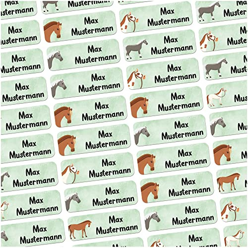 Namensaufkleber Pferde personalisiert wasserfest 60 Stück Schule Kita Set | Namenssticker mit Wunschname für Brotdose Trinkflasche Stifte Schule Federmappe Kindergarten Schulstart spülmaschinenfest
