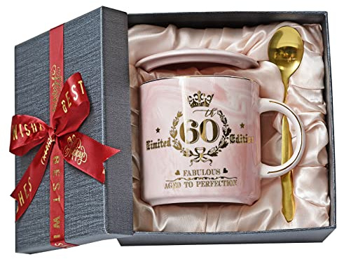 Geschenke zum 60 Geburtstag Frau, Fabelhafte 60. Limited Edition Rosa Tasse | 400ml Marmor Kaffeetasse mit Golddruck, Geschenk für Frauen zum 60.ter Geburtstag, Oma, Mutter, Schwester, Schöne Geschenkbox