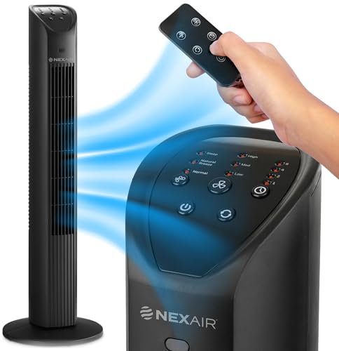 NEXAIR 36” Oscillating Tower Fan, 3 Speed Portable Fan Tower With Remote Control, Quiet Operating Floor Fan for Bedroom with 7.5 Hr Auto Off Timer, Modern Design Room Cooling Fan For Home & Office
