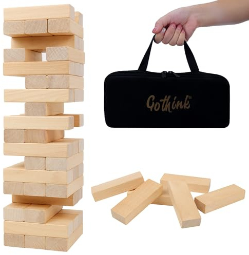 GOTHINK Torre de Madera para Niños y Adultos, Juego de Apilamiento de 54 Piezas, Torre Inestable Clásico de Destreza, Ideal para Noches de Juegos en Familia, Tamaño Estándar con Bolsa