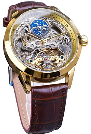 FORSINING Herrklocka Tourbillon månfas automatisk armbandsur män läder mode affärer skelett lyxklockor handlindning, Guld, armband