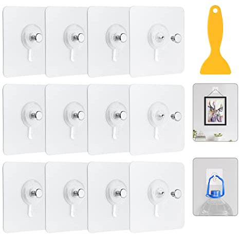 Adhesive Picture Hooks 12pcs, Transparent Waterproof Picture Hanging No Nail, Heavy Duty Picture Hangers with Scraper for Pictures, Frames and Wall décor, Max 5kg