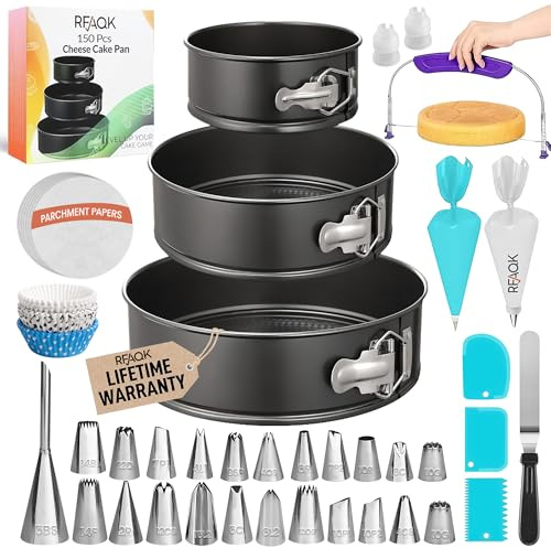 RFAQK 150PCs Cake Pan Set for Baking + Cake Decorating Supplies: 3 Round Non Stick Springform Pan Set (4, 7, 9 inches),24 Icing Tips,Cake Leveler–Multi-functional Leak-Proof Cake Pans & eBook