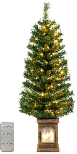 LIFEZEAL 120 cm Künstlicher Weihnachtsbaum, Christmas Tree mit 100 LED-Lichtern, Tannenbaum im Topf mit Fernbedienung & Modi Timer, Schneebedeckter Topfbaum für Eingang Haus Büro (Grün)