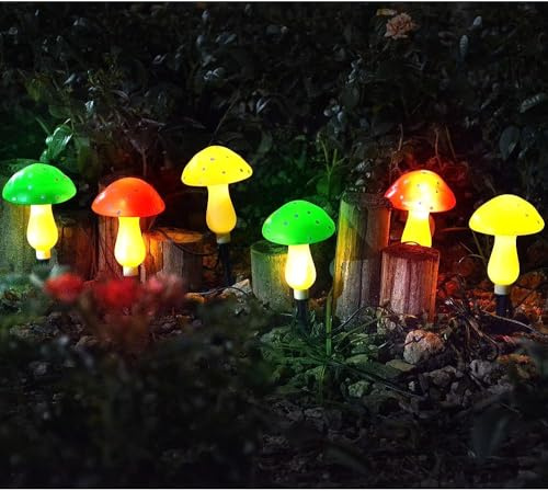 Solar Outdoor Lights Set of 6 Mushroom Lights Outdoor Garden Waterproof Cute Fairy String Light Outside Decoration for Pathway Landscape Yard Easter Pathway (Multi-Color) (Colorful)