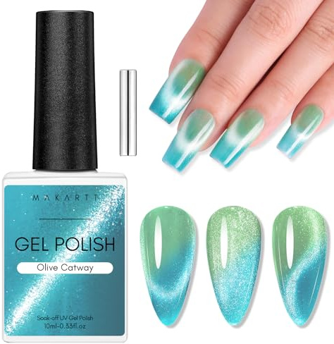 Makartt Cat Eye UV Gel - 10ml Nagellack mit Magnet Stick, Temperaturänderung, Magnetic Soak Off UV LED Glitzer für Nägel, DIY Manicure Valentinstagsgeschenk, Olive Catway