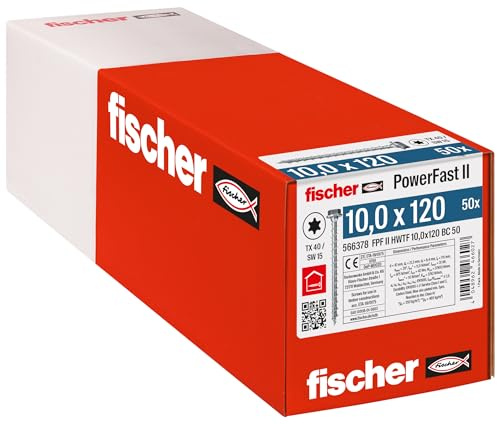 fischer PowerFast II HWTF 10,0 x 120, kraftvolle Holzbauschraube mit Sechskantkopf, Innenstern-Aufnahme und Vollgewinde, für den konstruktiven Holzbau, 50 Stk.