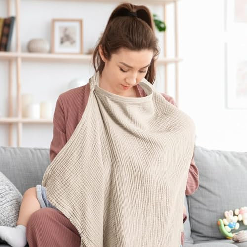 Breastfeeding Cover,Cotton Soft Breast Feeding Cover for Mum, Adjustable Strap Nursing Cover Breastfeeding Multi Use Car Seat Stroller Cover(Khaki)