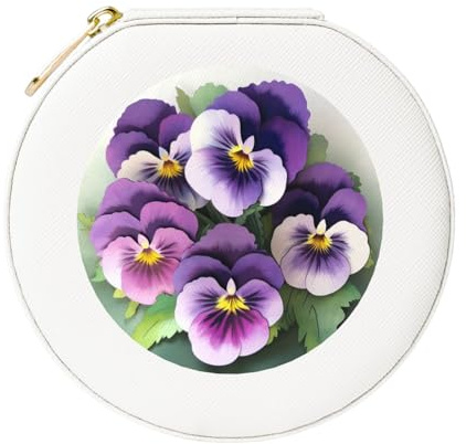 JTKREZ Pansies Flower Printed Leather Jewelry Box, White Round Jewelry Organizer for Earrings, Rings, Necklaces, Bracelets