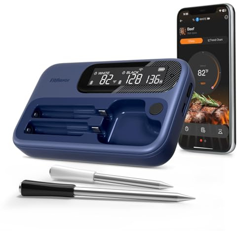 Wireless Meat Thermometer for Smoker, Fitflavor WiFi Meat Thermometer Bluetooth for Grill BBQ, Smart Digital Meat Probe for Food Cook Oven Grilling - Dual Probes, Rechargeable (FNT12-4)