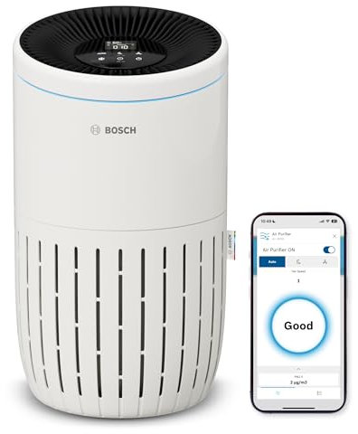 Bosch Air 4000i App-gesteuerter Luftreiniger - Für Räume bis zu 62,5 m² - Entfernt Schadstoffe - Mit 3-in-1 Luftfilter, Smart Sensor, Automatikmodus, Ruhemodus (< 25 dB(A)) - CADR: 300 m³/h