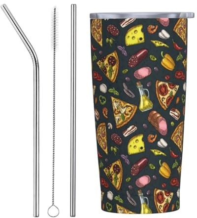 VOSERY Botella de agua de 20 onzas con tapa y popote, vaso aislado de acero inoxidable con jamón, pimiento y pizza, taza de café de viaje, vaso personalizado
