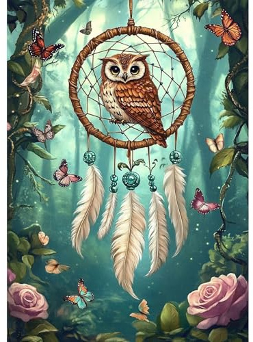 Bowetile 5D Diamond Painting Bilder Traumfänger, Eule Diamond Painting Set für Erwachsene und Kinder, Komplettes DIY Traumfänger Diamond Art Malen Stickset für Kreuzstichbilder, Wohnkultur 30x40 cm