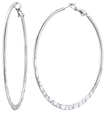FOCALOOK Créole Argent Femme Large 60 mm en Acier Inoxydable, Boucles d'Oreilles Grand Anneaux, Clou Oreille 6 cm Hoops Earrings Bijou Cadeau avec Boîte