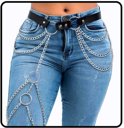 Sethain Leder Taillenkette Schwarz Punk Leder Oberschenkelgürtel Gothic Mehrlagig Beinkette Nachtclub PU Bauchgürtel für Tänzerinnen