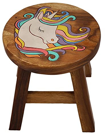 Tokoindah Kinderhocker Holz Einhorn | Massivholz, rund, 25 cm | Handgefertigter Holzhocker fürs Kinderzimmer – geschnitztes, handbemaltes Motiv, jedes Stück ein Unikat