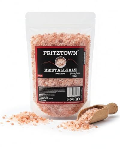 FRITZTOWN Rosa Kristallsalz bekannt als Himalaya Salz, Dark Pink, grob für Salzmühle, 900g, wiederverschließbar, original aus Punjab Pakistan