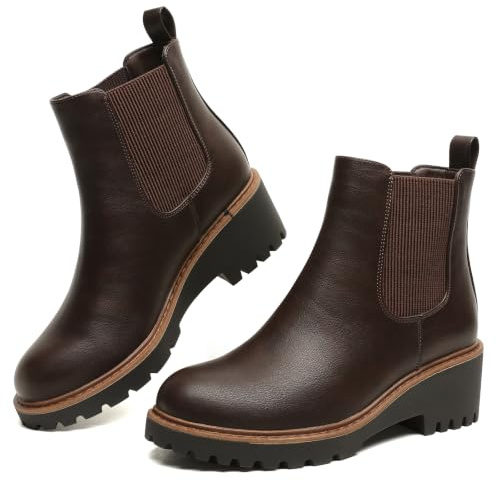 Maxome Womens Chelsea Wedge Boots Fall Slip on Platform Low Wedge Heel Ankle Booties Brown
