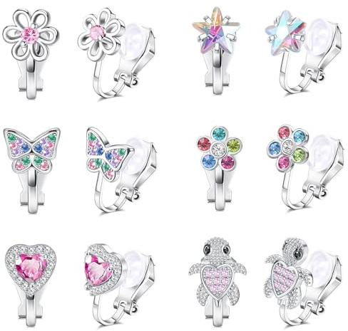 6 Paires De Boucles d'Oreilles À Clip Hypoallergéniques Enfants,Jolies Boucles d'Oreilles À Clip Pour Filles Non Percées,Bijoux En Zircon Coloré - Papillon,Fleur,Cœur,Étoile,Tortue