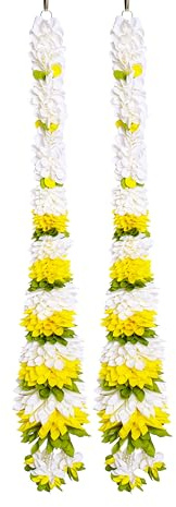 Meezo Flower Garland – 2 Feet Cloth Flowers with Green Leaf Accents, Diwali Decorations, Indian Wedding, Día de Los Muertos, Christmas, Festival & Party Decor, Reusable Flower (2-Pack)
