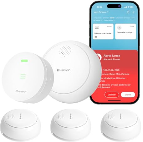 Heiman Detecteur de Fumée Connecté – Lot de 3 avec Passerelle & Contrôle Via App, Batterie 10 Ans, Q-Label & en 14604, Detecteur de Fumée avec Fixation Magnétique, Alarme Fumée Smart Home