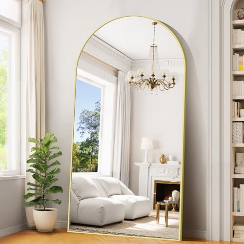 BONEWEI Bogen Ganzkörperspiegel, 198 × 101 cm Groß Standspiegel, Gewölbter Großer Wandspiegel mit Gold Rahmen, Bodenspiegel Hängend, Stehend, Kippbar für Wohnzimmer, Schlafzimmer