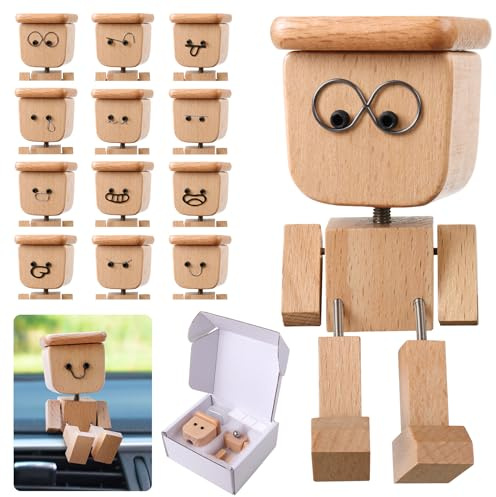 RAINBOW WSK Shaking Wooden Man Figurine with 12 Magnetic Expressions,Handmade Shaken Feet Wood Doll,Little Wooden Man with Spring Legs for Driven Rocking Decor,Car Dashboard, Office Desk Mutou- (C)