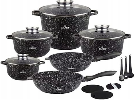 ZILNER Lot de 17 Casseroles et Poêles, Revêtement Marbre et Céramique, Noir
