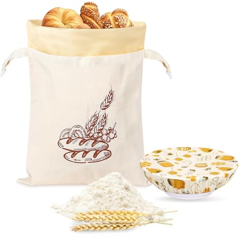 1 Stück 43*33cm Bienenwachs Brotbeutel und 20cm Schüsseldeckel Brotbeutel mit Bienenwachstuch Innenfutter Wiederverwendbare Brottüten Brot Obst Gemüse Aufbewahrung mit Frischhalten Gefriersicher