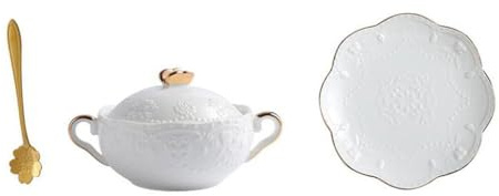 WESIEVYA Tazón de Cerámica para Estofado con Doble Asa, Set de 3 Piezas con Tapa y Cuchara Dorada, Cuenco para Sopa y Postres, Vajilla para Hogar, Restaurante y Fiestas, Estilo Clásico