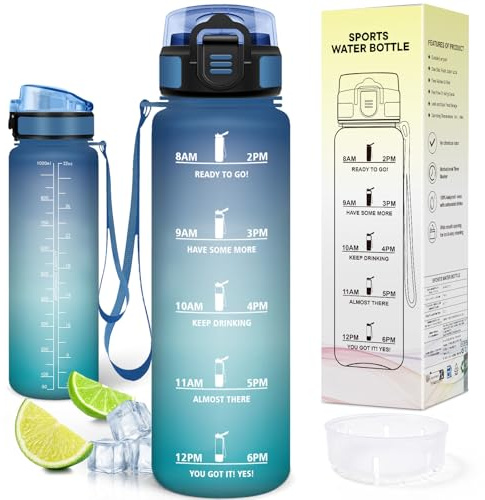 Motswedi Borraccia 1 Litro, senza Cannuccia, Borraccia Palestra, Bottiglia Acqua, a Prova di Perdite, Plastica Borracce Sportiva 1l, per Ufficio, Sport, Palestra, Ciclismo, Blu & Verde
