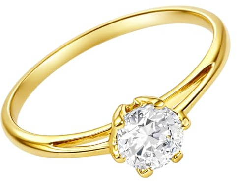 Générique Bague Solitaire Femme en Plaqué Or 18 Carats - Unique Oxyde de Zirconium Blanc Brillant de 5mm Éclat Diamant - Alliance de Fiançailles Romantique et Classique - Poinçonnée - Tailles 48 à 66