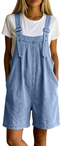 Zanisouta Salopette corta da donna, oversize, in jeans, elasticizzata, estiva, elegante, leggera, estiva, stile anni '90