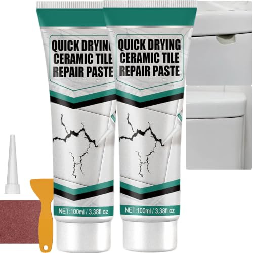 Kit di riparazione per piastrelle e ceramica, pasta bianca ad asciugatura rapida, per crepe, fori in bagno, cucina, piastrelle da parete con raschietto, carta vetrata, sigillante per malta (2 pezzi)