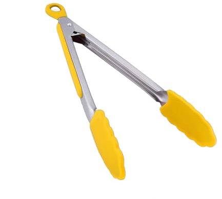 Kitchen Tongs Cooking Salad Food Serving Silicone BBQ Tongs Stainless Steel Handle Utensil 10 inch (Yellow)