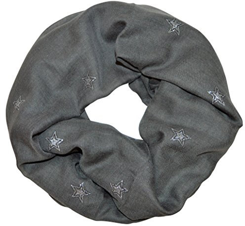 thb Richter XXL Damen Herren Loopschal Sterne mit Glitzer Glitzerstern Weich Soft Schals Loop Schlauchschal Rundschal Stern Star Baumwolle Stars (Dunkelgrau)
