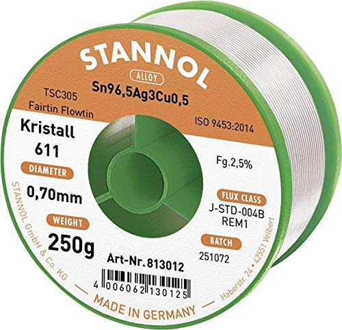 Stannol 813012 Lötdraht Kristall 611 2,5prozent 0,7mm FLOWTIN TSC305 (Sn96,Ag3Cu0,5) Fairtin 250g Spule